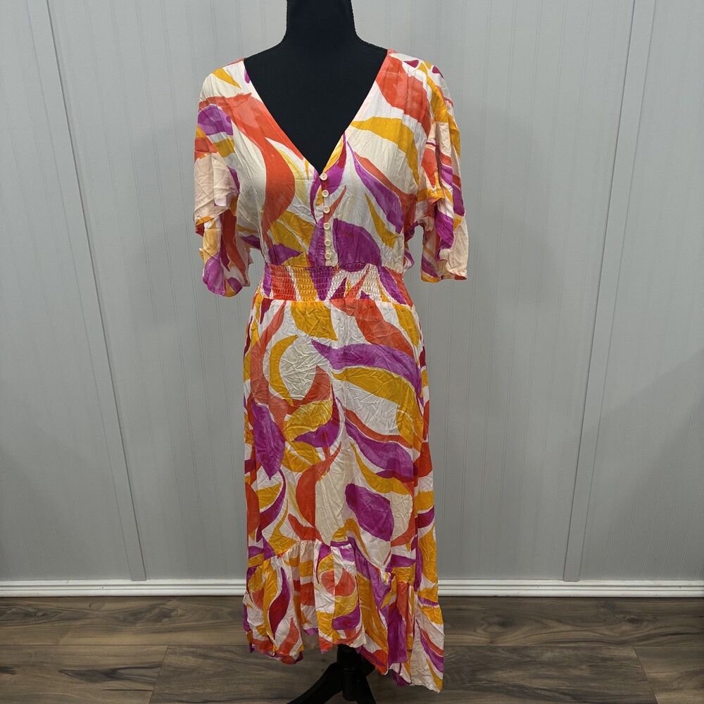 Abel The Label Women's Large Colorful V-Neck Short Sleeve Maxi Dress Hippie Boho